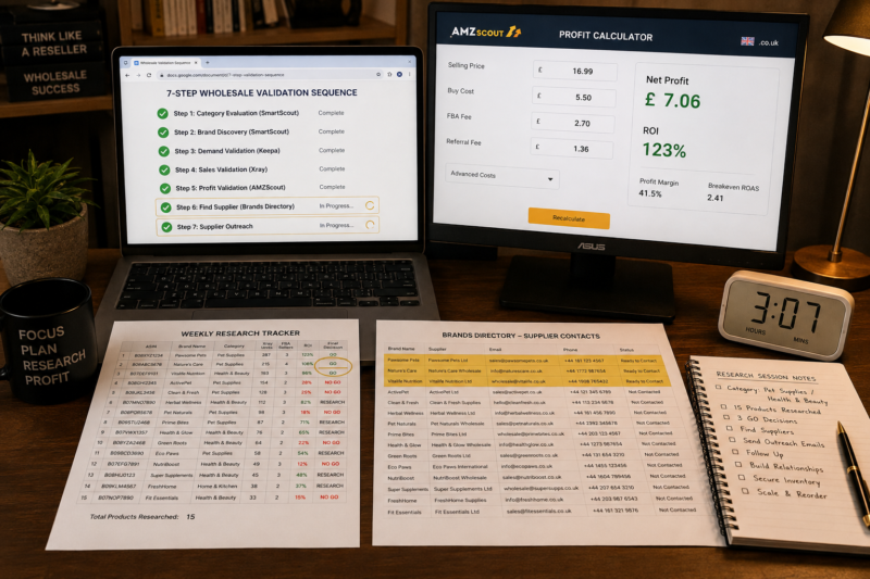 Amazon FBA Wholesale Seller Weekly Research Session Desk Setup Laptop Showing SmartScout Brand Discovery Results Second Monitor Showing Keepa Chart Research Tracker Spreadsheet Open Printed Validation Checklist