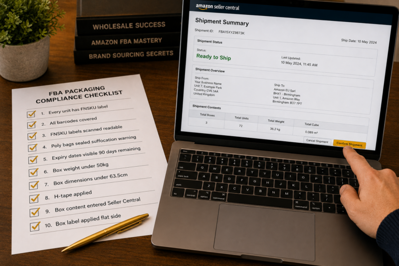 Amazon FBA Packaging Compliance Checklist on Desk Showing Unit Prep Requirements FNSKU Label Poly Bag Bubble Wrap Expiry Date Box Requirements all Ticked Wholesale Seller Organised Prep Station