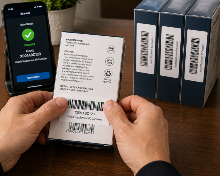 Amazon FBA Seller Close Up Applying FNSKU Label to Health Beauty Product Covering Original EAN Barcode Laptop Screen Showing Seller Central Print Item Labels Page 30 Up Format 24 Labels Printed