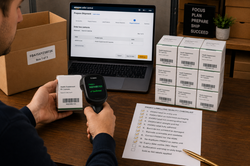 Amazon FBA Seller Using Handheld Barcode Scanner to Scan Test FNSKU Label on Product Unit Laptop Screen Showing Seller Central Print Labels Page Confirming FNSKU X001ABC123 Printed 24 Labels 30 Up Format