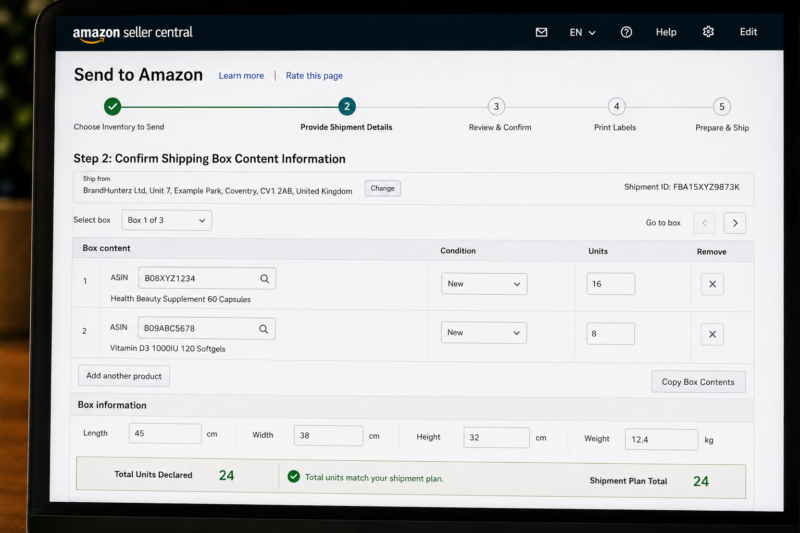 Amazon Seller Central Send to Amazon Workflow Screen Showing Step 1 Choose Inventory to Send with ASIN B08XYZ1234 Health Beauty Product Units to Send Field Showing 48 Ship From Address UK Postcode Entered Packing Type Individual Products Selected