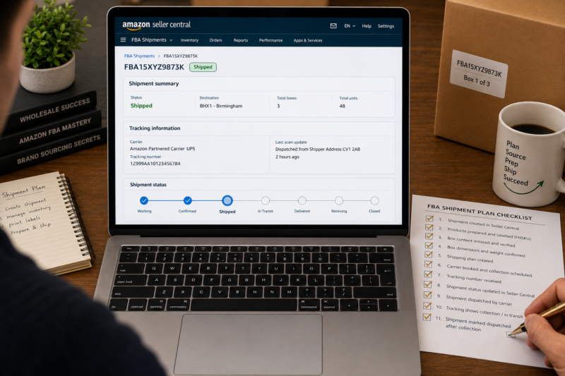 Amazon FBA Seller Applying Amazon Box Label to Largest Flat Side of Double Wall Cardboard Box Tape Measure Visible Confirming 45cm x 38cm Dimensions Scale Beside Box Showing 12.4kg Confirmed Under 50kg