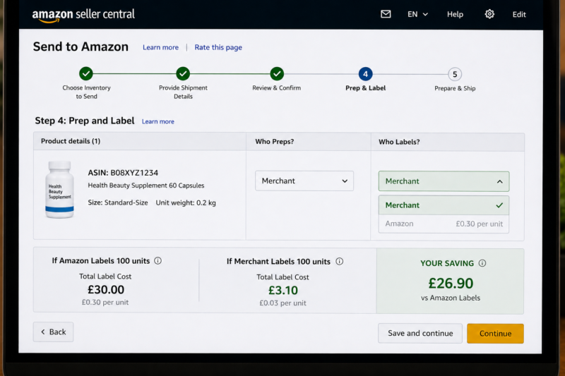 Amazon Seller Central Shipment Plan Screen Showing Labelling Option Amazon Selected Showing Per Unit Fee 0.30 Per Unit for FNSKU Labelling Prep Type Poly Bagging Selected Fee 0.55 Per Unit Merchant Option Beside Showing Zero Cost Comparison
