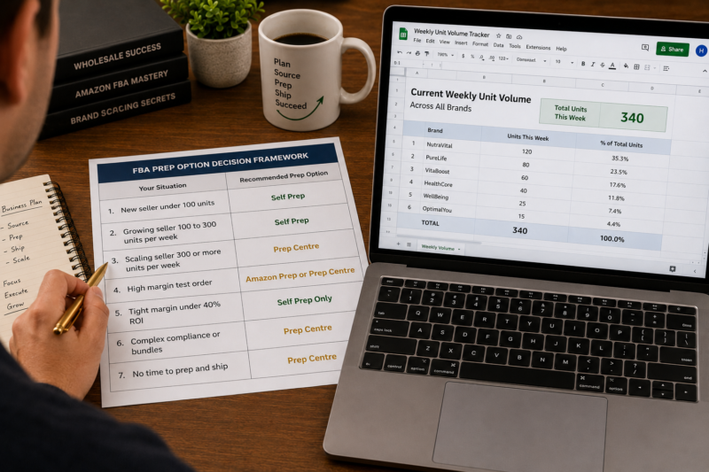 Amazon FBA Wholesale Seller Decision Framework Desk Showing Cost Comparison Spreadsheet Self Prep Amazon Prep Third Party Prep Centre Per Unit Cost Weekly Volume Time Available Columns Filled In