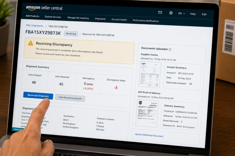 Amazon Seller Central Shipment Status Screen Showing Receiving Discrepancy Alert Units Sent 48 Units Received 45 Discrepancy 3 Units Investigation Required Seller Action Needed Panel Visible