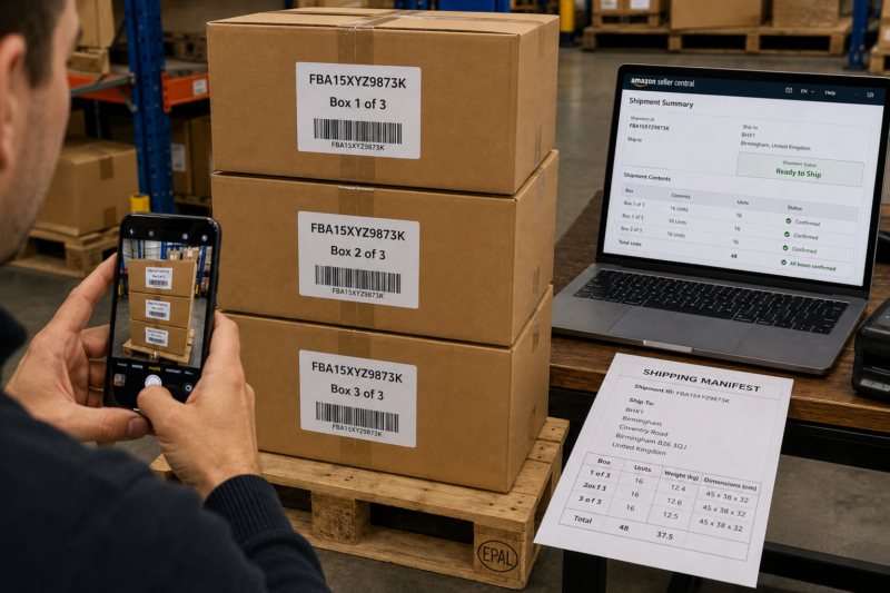 Amazon FBA Wholesale Seller Photographing Sealed Packed Boxes Before Courier Collection Showing Box Labels Clearly Visible Laptop Screen Showing Seller Central Shipment Status Ready to Ship