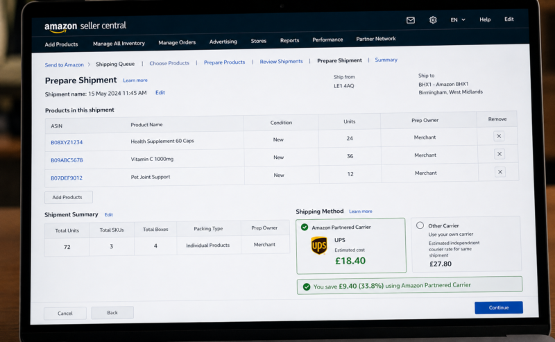 Amazon Seller Central Send to Amazon Workflow Showing Multiple ASINs Added to Single Shipment Plan ASIN B08XYZ1234 24 Units ASIN B09ABC5678 36 Units ASIN B07DEF9012 12 Units Total 72 Units 4 Boxes Partnered Carrier UPS Rate Shown 18.40