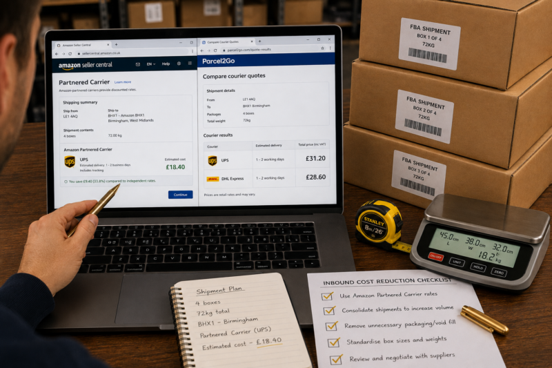 Amazon FBA Seller at Desk Comparing Partnered Carrier UPS Rate on Seller Central Screen vs Independent Courier Quote Open in Second Browser Tab Showing 18.40 Partnered vs 24.60 Independent for Same 4 Box Shipment 72kg