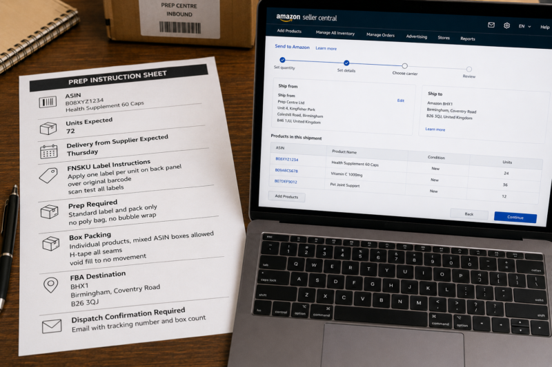 Amazon FBA Wholesale Seller at Desk with Laptop and Printed Prep Centre Instruction Sheet Showing ASIN Product Name Units FNSKU Label Instructions Prep Requirements Box Packing Instructions FBA Destination Address and Dispatch Confirmation Request