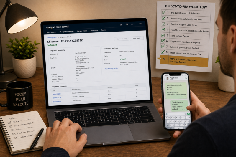Amazon FBA Seller at Desk with Laptop Showing Seller Central Shipment Status In Transit and a Process Flow Diagram on Whiteboard Showing Supplier Arrow to Prep Centre Arrow to FBA Fulfilment Centre BHX1 with Steps Labelled