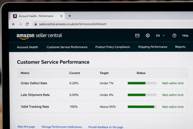 Amazon Seller Central Account Health Dashboard Showing Customer Service Performance Section Order Defect Rate 0.28 Percent Green Late Shipment Rate 0 Percent Green Valid Tracking Rate 100 Percent Green All Within Target