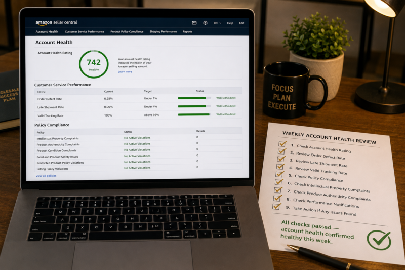 Amazon Seller Central Account Health Dashboard Full Page View Showing AHR Score 742 Green Healthy Order Defect Rate 0.28 Percent Green Late Shipment Rate 0 Percent Valid Tracking Rate 100 Percent Policy Compliance All Clear No Violations