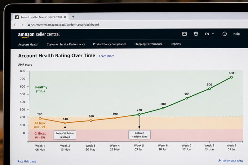 Amazon Seller Central Account Health Rating Score Graph Showing Score Rising from 180 At Risk to 650 Healthy Over 8 Weeks After Policy Violation Resolved and Zero New Defects Period