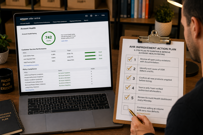 Amazon FBA Wholesale Seller at Desk with Laptop Showing Account Health Rating Score 742 Healthy and Printed AHR Improvement Action Plan on Desk Showing Five Steps Resolve Open Violations Reduce ODR Continue Selling Cleanly Monitor Weekly