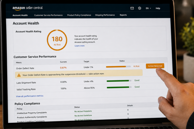 Amazon Seller Central Account Health Dashboard Showing Order Defect Rate at 0.87 Percent Amber Warning Bar Approaching 1 Percent Threshold with At Risk Alert Banner and Action Required Message Visible