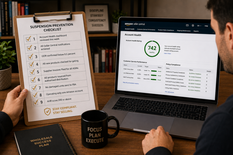 Amazon FBA Wholesale Seller at Desk with Suspension Prevention Checklist on Clipboard All Items Ticked Laptop Showing Account Health Dashboard AHR Score 742 Healthy Zero Policy Violations All Metrics Green