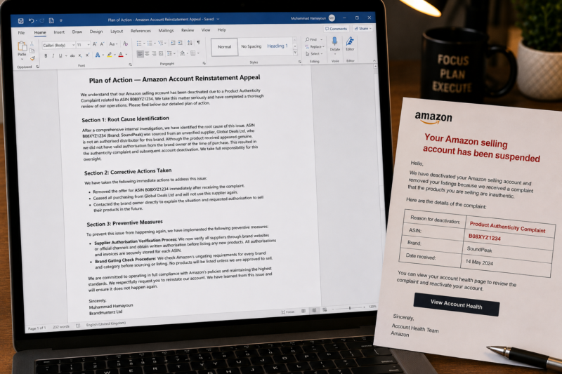 Amazon FBA Seller at Desk Writing Plan of Action Appeal Document Laptop Showing Seller Central Account Health Appeal Form Open Structured Three Section Plan of Action Root Cause Corrective Actions Preventive Measures