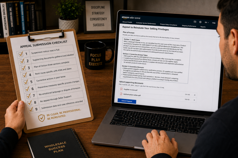 Amazon FBA Seller at Desk with Appeal Submission Checklist on Clipboard Laptop Showing Seller Central Account Health Appeal Form Open with Plan of Action Pasted and Supporting Documents Attached Ready to Submit