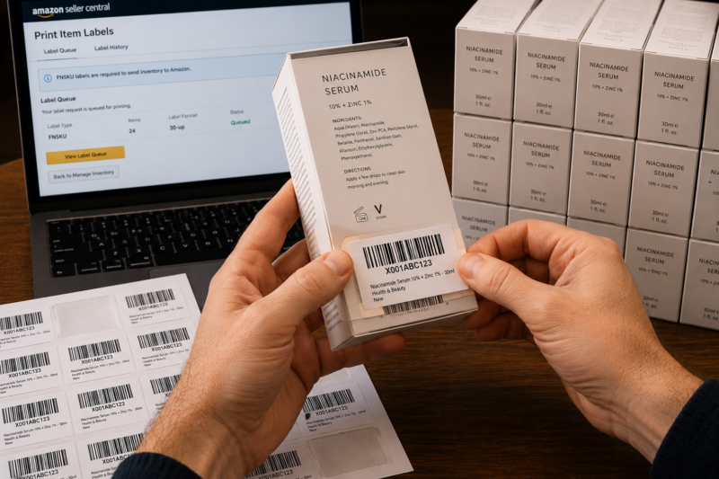 Amazon FBA Seller Applying FNSKU Barcode Labels to Wholesale Products at Desk Laptop Showing Seller Central Shipment Plan Screen