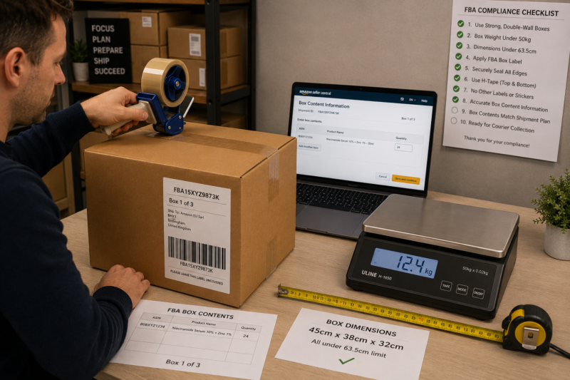 Amazon FBA Seller Packing Products Into Double Wall Cardboard Box Correctly Applying H-Tape Seal and Box Label Seller Central Screen Visible Showing Box Content Information Entered