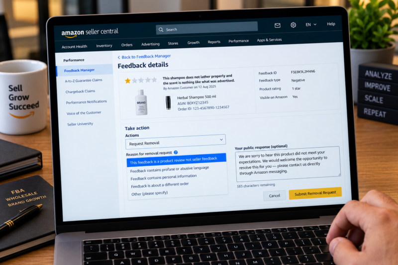 Amazon Seller Central Feedback Manager Showing Negative Feedback Entry One Star Rating with Respond Button and Request Removal Button Visible Seller Drafting Professional Public Response in Text Field