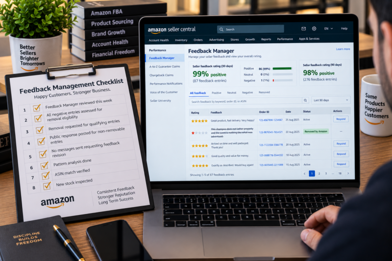 Amazon Seller Central Feedback Manager Page on Laptop Showing Negative Feedback Entry One Star Struck Through with Removed by Amazon Label Beside Seller Feedback Summary Showing 98 Percent Positive 30 Days