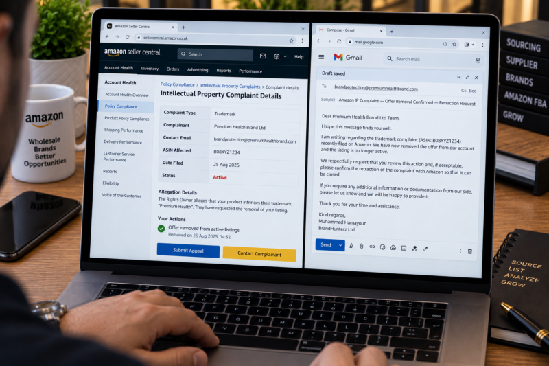 Amazon Seller Central Account Health Dashboard Policy Compliance Section Showing Intellectual Property Complaint Trademark Type ASIN B08XYZ1234 Complainant Brand Owner Name Status Active AHR Score Dropped to 180 At Risk Actions Available Submit Appeal Contact Brand