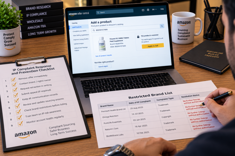 Amazon FBA Wholesale Seller at Desk with Laptop Showing Account Health Dashboard IP Complaint Section and Beside Laptop a Printed IP Complaint Response Checklist and a Restricted Brand List Spreadsheet Both Visible