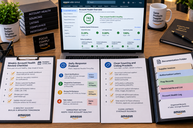 Amazon FBA Wholesale Seller at Desk with Laptop Showing Seller Central Account Health Dashboard All Green AHR 742 and Printed Four Pillar Account Health System Framework on Desk Monitoring Response Sourcing Documentation