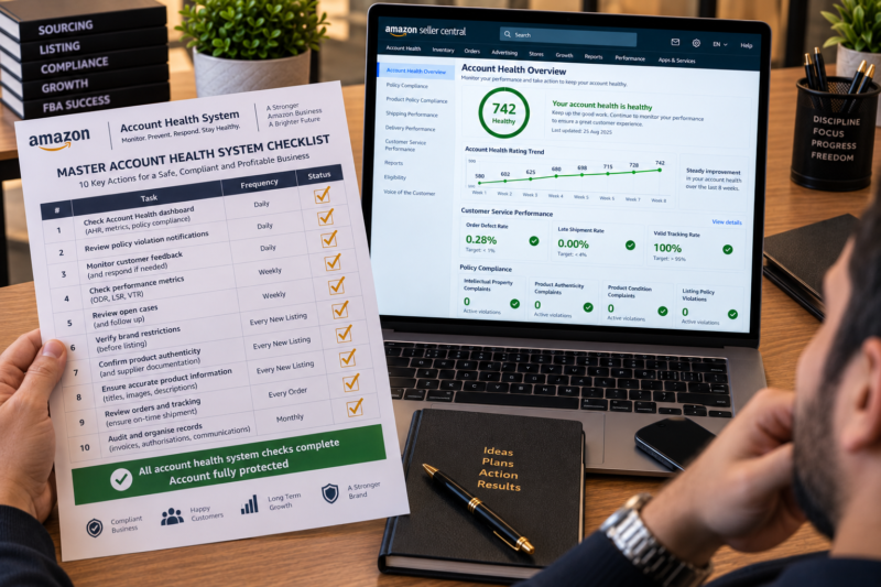 Amazon FBA Wholesale Seller at Desk with Complete Account Health System Framework Printed on A3 Sheet Showing Four Pillars Weekly Review Daily Protocol Sourcing Practices and Documentation All Sections Ticked Laptop Showing AHR 742 Green
