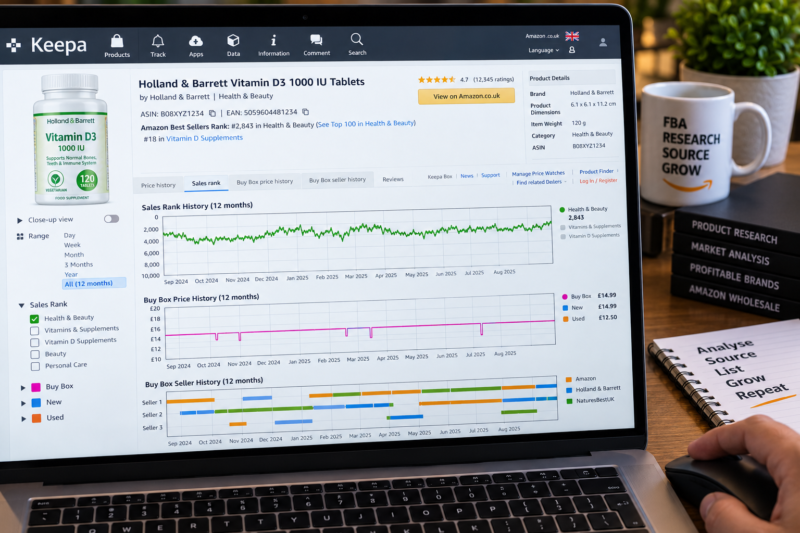 Amazon UK FBA Wholesale Seller at Desk Researching Products on Laptop Showing Keepa Price History Chart for UK ASIN with Consistent Sales Rank History Green Trend Line and Buy Box Price History