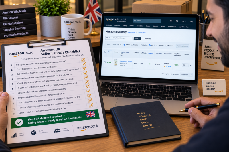 Amazon UK FBA Wholesale Seller at Desk with Laptop Showing Seller Central Manage Inventory Page with First FBA Listing Active and Buy Box Won Beside Laptop Printed Launch Checklist All Items Ticked Gold Pen