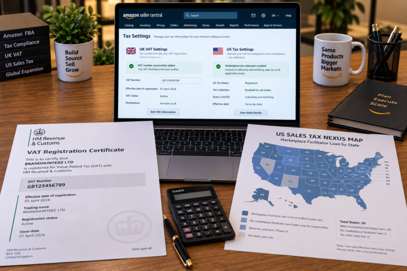 Amazon UK VAT Registration Certificate and Amazon US Sales Tax Nexus Map Side by Side on Desk Beside Laptop Showing Seller Central Tax Settings Page for Both UK and US Marketplaces