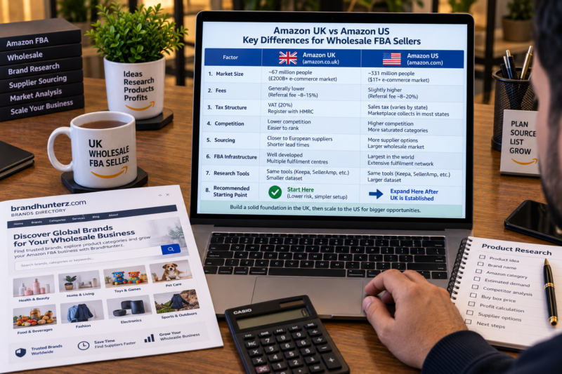 Amazon UK FBA Wholesale Seller at Desk with Comparison Chart Amazon UK vs Amazon US on Laptop Screen Showing Market Size Fees Tax Structure and Competition Side by Side with UK Flag and US Flag Icons