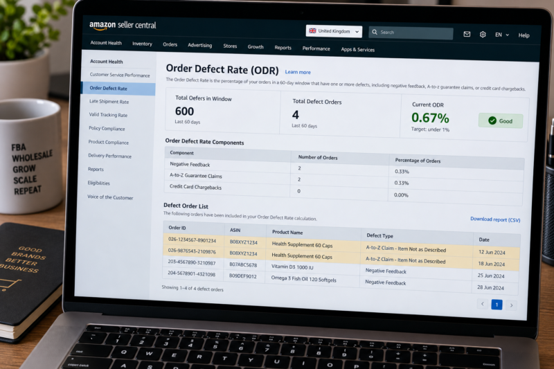 Amazon Seller Central Order Defect Rate Detail View Showing 60 Day Rolling Window 600 Total Orders 4 Defect Orders ODR 0.67 Percent Green Three Components Negative Feedback 2 A to Z Claims 2 Chargebacks 0