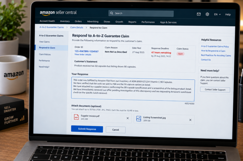 Amazon Seller Central Manage A-to-Z Guarantee Claims Page Showing One Active Claim Order ID 123-4567890-1234567 Claim Reason Item Not as Described Response Deadline 47 Hours Remaining Respond Button Highlighted in Blue