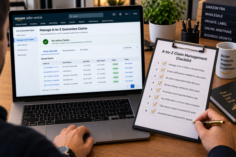 Amazon FBA Seller at Desk with Laptop Showing Seller Central Manage A-to-Z Claims Page All Claims Closed Status and Beside Laptop A Printed A-to-Z Claim Prevention Checklist with All Items Ticked in Gold