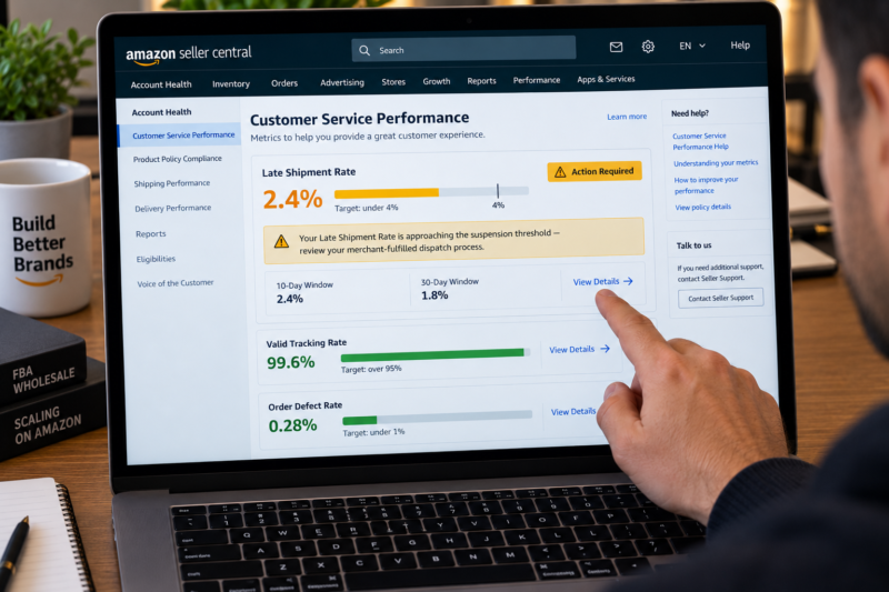 Amazon Seller Central Account Health Dashboard Late Shipment Rate Section Showing 2.4 Percent Amber Warning 10-Day Window Orders Not Shipped on Time 3 Total Merchant Fulfilled Orders 125 Action Required