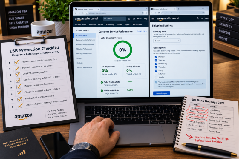 Amazon Seller Central Account Health Dashboard Late Shipment Rate Showing 0 Percent Green Both 10 Day and 30 Day Windows Clear Beside Laptop Printed LSR Protection Checklist on Clipboard All Items Ticked Gold
