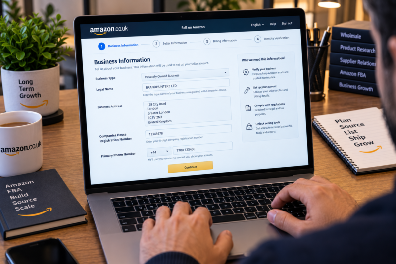 Amazon UK Seller Registration Process on Laptop Screen Showing sell.amazon.co.uk Registration Page with Professional Account Selected Business Information Form Open Name Address Tax Reference Fields Visible