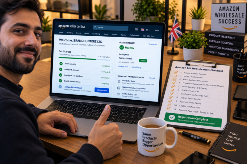 Amazon UK Seller Central Dashboard Newly Registered Account Showing Account Status Verified Professional Plan Active Health Score Green Beside Desk with Printed Registration Checklist All Steps Ticked Gold Pen