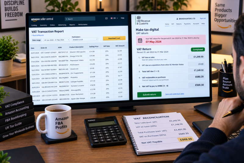 Amazon UK Seller VAT Return Dashboard Showing Input VAT from Wholesale Purchases Output VAT on Amazon Sales Net VAT Position Quarterly Making Tax Digital Submission