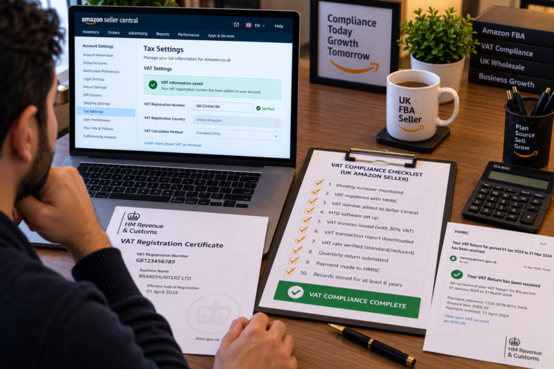 Amazon UK FBA Wholesale Seller at Desk with Laptop Showing Seller Central VAT Transaction Report Downloaded and Beside Laptop Making Tax Digital Accounting Software on Second Screen Showing Quarterly VAT Return with Input and Output VAT Figures