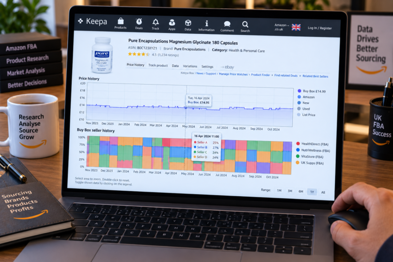Keepa Buy Box Seller History Chart Amazon UK ASIN Showing Multiple Colour Coded Sellers Rotating Buy Box Over 12 Months Price History Stable at 14.99 Three Sellers Visible in Legend