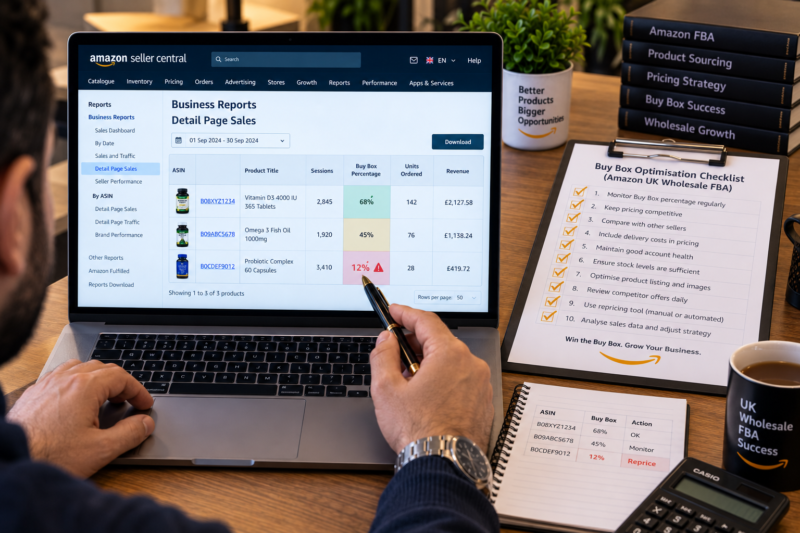 Amazon UK Seller Central Buy Box Percentage Report on Laptop Screen Showing 68 Percent Buy Box Share for ASIN B08XYZ1234 at Price 14.99 FBA Fulfilled Prime Badge Beside Laptop Printed Buy Box Checklist All Items Ticked