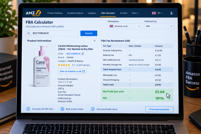 AMZScout FBA Calculator on Laptop Screen Showing Amazon UK ASIN B08XYZ1234 Selling Price 14.99 Referral Fee 1.20 FBA Fee 3.17 Storage Fee 0.08 Net Profit 4.54 ROI 34 Percent