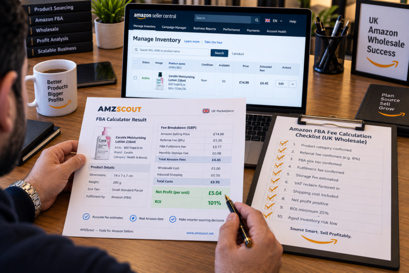 Amazon UK FBA Wholesale Seller at Desk with Laptop Showing AMZScout FBA Calculator with Product ASIN Entered All Fees Broken Down Net Profit Confirmed Beside Printed Fee Calculation Checklist All Items Ticked