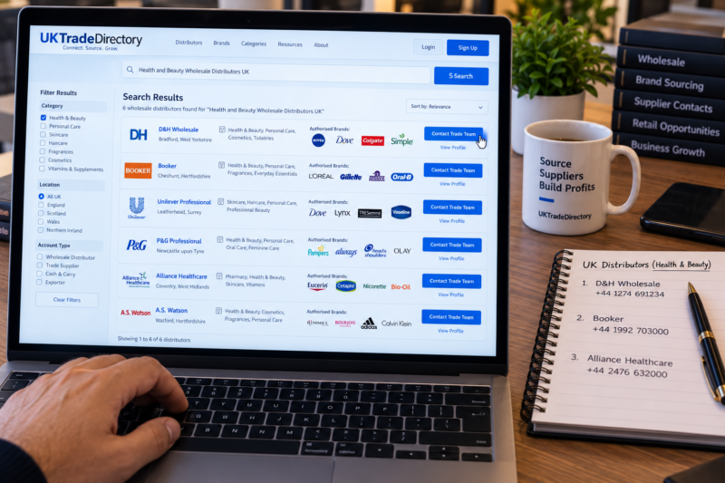 Amazon UK FBA Wholesale Seller at Desk with Laptop Showing UK Trade Directory Website with Category Search Results Listing Multiple Distributor Names Contact Details and Product Categories Covered