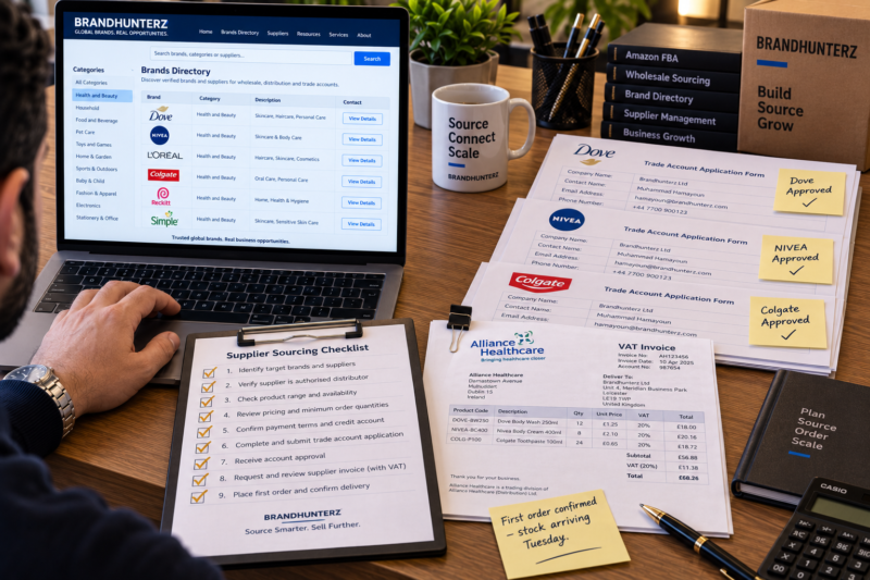 Amazon UK FBA Wholesale Seller at Desk with Laptop Showing Brandhunterz Brands Directory and Beside the Laptop a Printed Supplier Sourcing Checklist on Clipboard with All Items Ticked and a Stack of New Trade Account Application Forms