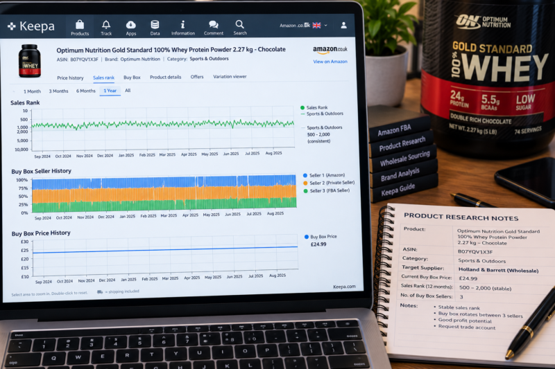 Amazon UK FBA Wholesale Seller at Desk with Keepa Chart Showing Sports and Outdoors Category ASIN Sales Rank History Stable Between 500 and 2000 Over 12 Months Multiple Buy Box Sellers Rotating